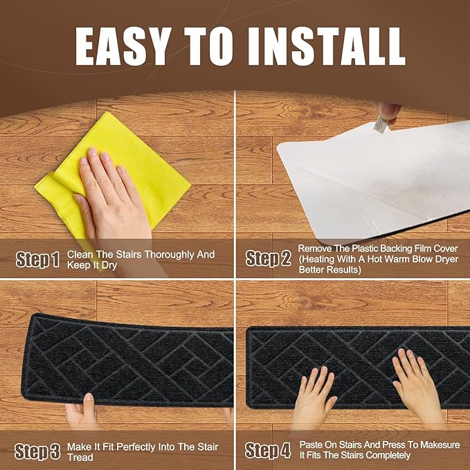 15 Pack 8 "X 30" Non-Slip Carpet Stair Treads for Indoor Wooden Steps, Made of Polyester and Reusable Adhesive, Suitable for Kids Elders and Pets（Black Lines）