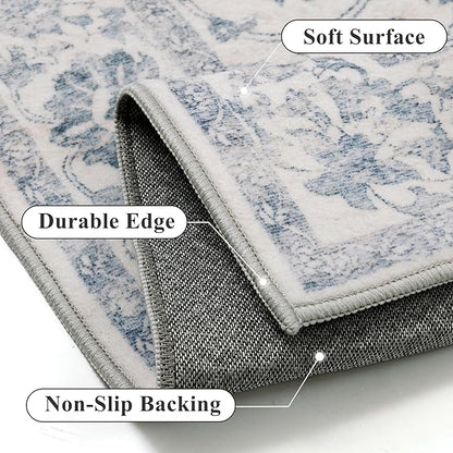 Washable Runner Rug 2x8 for Hallway Blue Vintage Long Carpet Soft Low Pile Non Slip Throw Rug Floral Distressed Accent Rug for Entryway Bathroom Office Laundry Dining Room