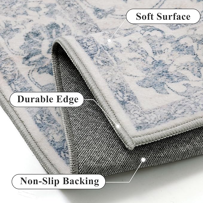 Washable Runner Rug 2x6 for Hallway Blue Vintage Long Carpet Soft Low Pile Non Slip Throw Rug Floral Distressed Accent Rug for Entryway Bathroom Office Laundry Dining Room