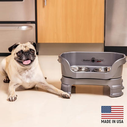 Neater Feeder Deluxe Mess Proof Dog Bowls Elevated for Small Breeds – Made in USA – No Spill Raised Dog Food Bowl Stand w/Leg Extensions – Stainless Steel Dog Food and Water Bowl Set – Grey