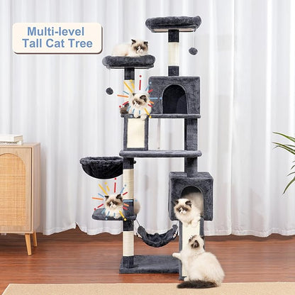 Gitelsnour Cat Tree for Indoor Cats, 71'' (180cm) Multi-Level Cat Tower for Large Adult, Sturdy Cat Tree House with 2 Scratching Boards 7 Posts, 2 Plush Perches/Condos, Hammock, Smoky Gray GCT032G