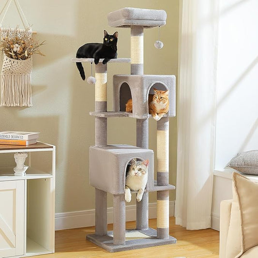 MUTTROS Cat Tree for Indoor Cats, 62-Inch Multi-Level Cat Tower with Scratching Posts for Large Cats, 2 Bigger Plush Condos, Padded Platform, Soft Cat Bed and Scratching Pad, 2 Pompoms, Gray