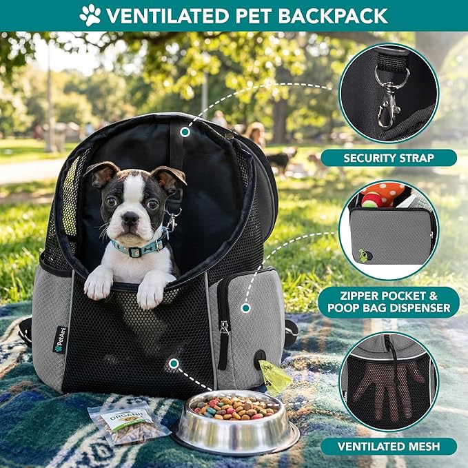 PetAmi Front Carrier Backpack for Dogs and Cats - Ventilated Adjustable Pet Chest Carrier for Hiking, Camping, Travel - Small to Medium Pets Up to 10 lbs - Grey