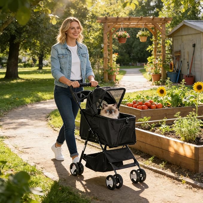 4 Wheels Foldable Pet Dog Cat Jogger Stroller Travel Carrier Strolling Cart w/Waterproof Cover Storage Basket Cup Holder & Detachable Carrier for Medium Small Cat Dog, Black