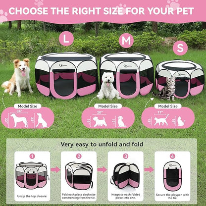 Pink Puppy Playpen for Large Dog Cat, Dog Tent Crates Cage Indoor/Outdoor, Portable Pop Up Dog Kennel with Carrying Bag for Rabbits, (Pink, Large)