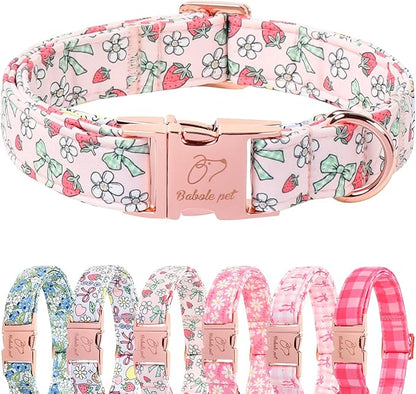 Pink Girl Dog Collar, Sweet Strawberry Spring Summer Dog Collars, Vintage Bow Puppy Collar, Adjustable Heavy Duty Pet Collar for Small Medium Large Dogs with Metal Buckle XL
