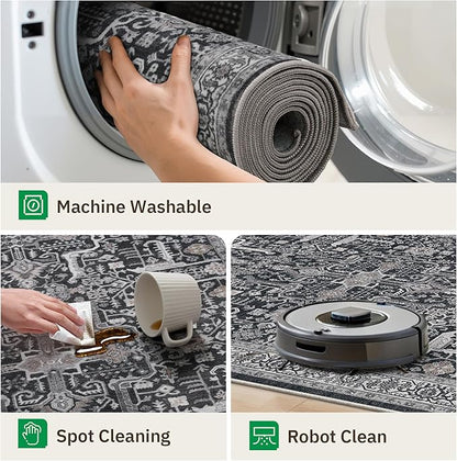 Hallway Washable Runner Rug 2x12 - Non Slip Vintage Kitchen Runner Rugs for Entryway Low-Pile Waterproof Long Runners for Living Room Bedroom Medallion Indoor Floor Mat for Bathroom Laundry Black