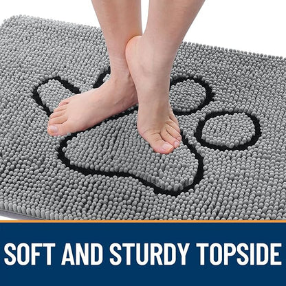 OLANLY Dog Door Mat for Muddy Paws 32x20, Paw Print Design, Absorbs Moisture and Dirt, Absorbent Non-Slip Washable Doormat, Quick Dry Chenille Mud Mat for Dogs, Entry Indoor Entryway Carpet, Grey
