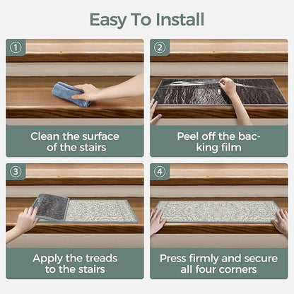 Non Slip Stair Treads for Wooden Steps 15PCS - 8"x30" Indoor Safety Carpet, Edging Mats with TPE Adhesive Backing, Pet and Elderly Friendly Stair Rugs (Beige Line)