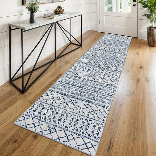 KUTA Moroccan Washable Hallway Runner Rug, 2x8 Non-Slip Vintage Blue White Boho Kitchen Rugs Ultra Soft Print Distressed Geometric Floor Carpet Runners for Bedroom Laundry Living Room
