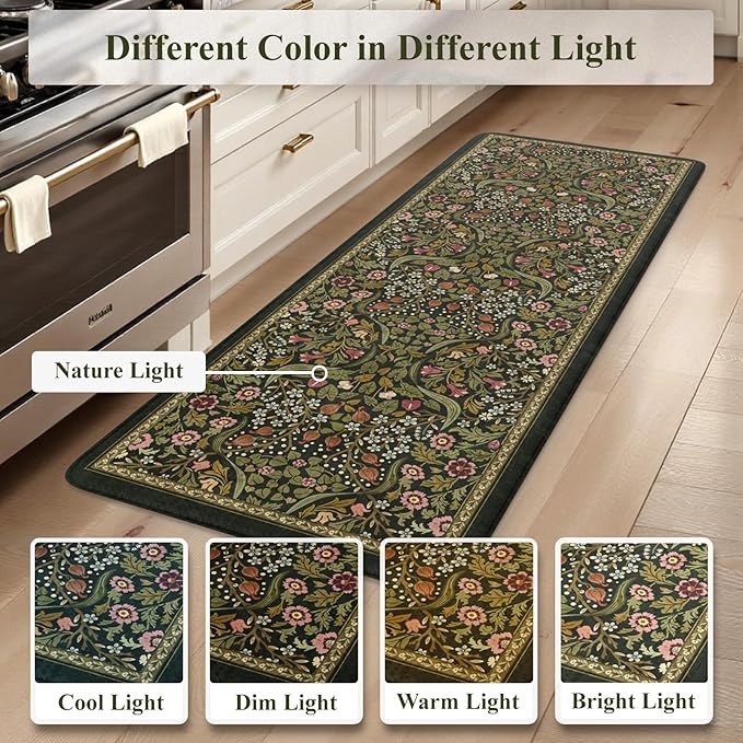 Collive Anti Fatigue Kitchen Mats, Spring Green Floral Kitchen Rugs Sets of 2 Non Slip Waterproof Standing Mat, Vintage Comfort Desk Rug for Office, Sink, Laundry, 17.3"x29"+17.3"x47"