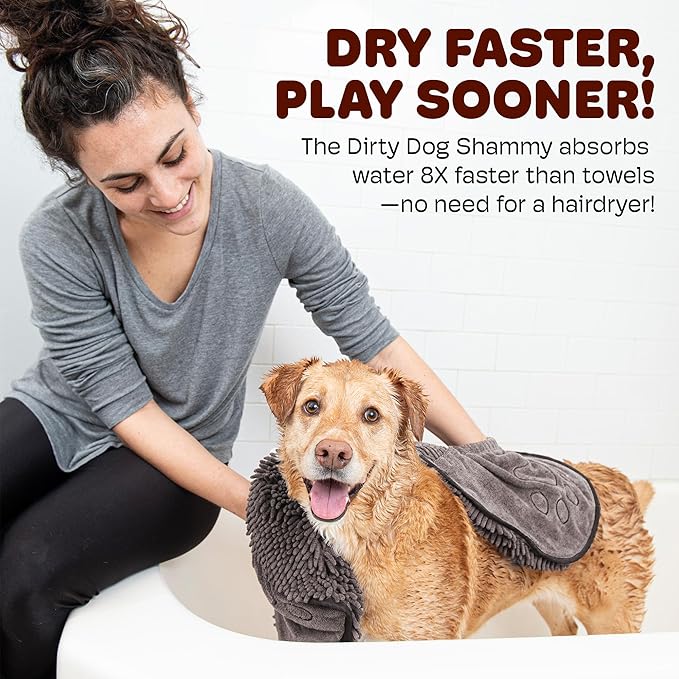 Dog Gone Smart The Dirty Dog Shammy - 2-Pack, Fast Drying Plush Shammy Towel with Dual Hand Pockets and Elastic - Super Absorbent Microfiber and Machine Washable - 31 × 13 in, Brown