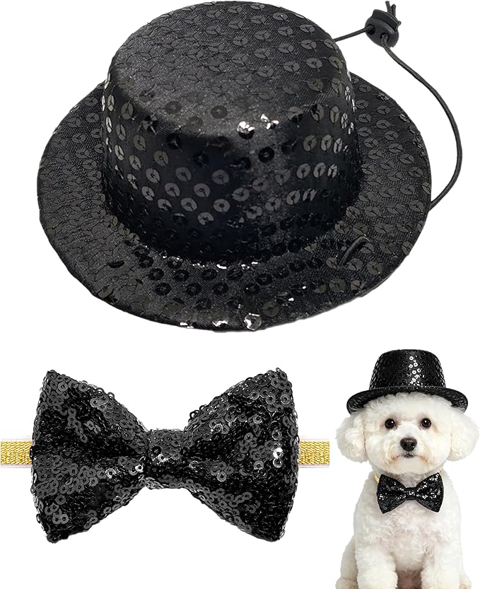 PET SHOW 2 Pack Small Dog Top Hat & Collar Bowtie Black Adjustable Cat Sombrero Hat Formal Bow Tie Halloween Cosplay Costume New Year Pet Birthday Party Holiday Decoration
