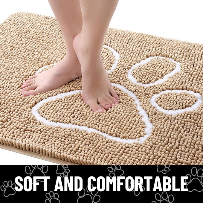 Smiry 2 Piece Dog Door Mat for Muddy Paws, Absorbent Dirt Trapper Non Slip Quick Dry Washable Chenille Mat for Mud Dogs, Entry Rug for Indoor and Outdoor (36x24 Inches, Beige)