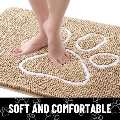 Smiry 2 Piece Dog Door Mat for Muddy Paws, Absorbent Dirt Trapper Non Slip Quick Dry Washable Chenille Mat for Mud Dogs, Entry Rug for Indoor and Outdoor (36x24 Inches, Beige)