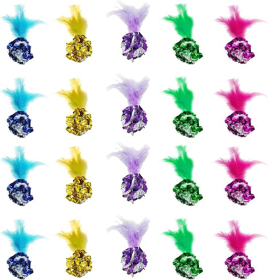 SunGrow Mylar Crinkle Balls with Feathers, 2.5-Inches, Shiny Stress Buster Crinkler, Suitable for Multiple Cats' Engagement, Ideal for Kittens and Grown-up Cats, 20-Pcs
