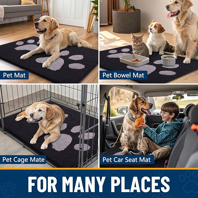 Smiry Dog Door Mat for Muddy Paws, Absorbs Moisture and Dirt, Low-Profile Entryway Mat with Non-Slip Backing, Entry Indoor Outdoor Doormat for Inside Floor (47x24 Inches, Black and Grey, Paw)