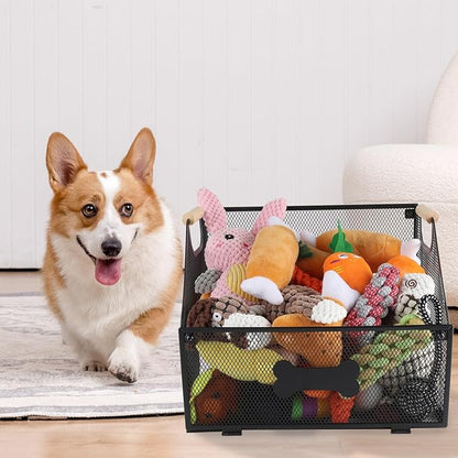 Metal Dog Toy Basket Collapsible,Mesh Wire Pet Toy Basket,Trapezoidal Cat Toy Bin with Wooden Handles,Dog Storage Organizer,Ideal for Pet Accessories-Easy Access
