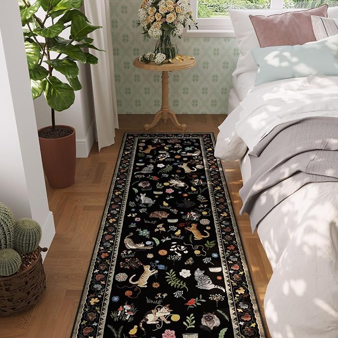 Rugcomf 2x5 Runner Rug - Floral Cat Machine Washable Kitchen Rug, Non-Slip Low Pile Boho Carpet for Hallways, Laundry, Entryway, Bedroom, Bathroom - Black