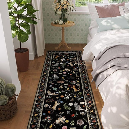 Rugcomf 2x5 Runner Rug - Floral Cat Machine Washable Kitchen Rug, Non-Slip Low Pile Boho Carpet for Hallways, Laundry, Entryway, Bedroom, Bathroom - Black