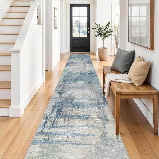 2.6x14 Extra Long Runner Rug Grey Abstract: Washable Non-Slip Carpet for Hallways - Soft Low-Pile Thin Indoor Runner for Long Spaces 2.6x14 Blue