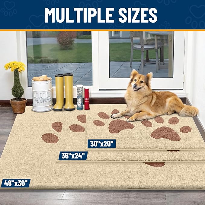 Smiry Dog Door Mat for Muddy Paws, Absorbs Moisture and Dirt, Low-Profile Entryway Mat with Non-Slip Backing, Entry Indoor Outdoor Doormat for Inside Floor (36x24 Inches, Light Beige, Paw)