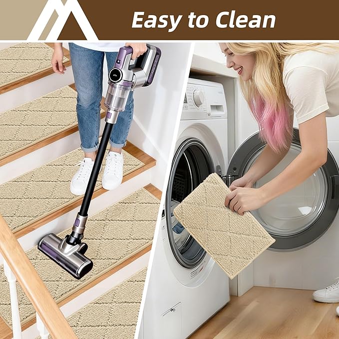 COSY HOMEER Stair Treads for Wooden Steps 9"x28",Washable Non Slip Peel and Stick Carpet Stair Treads with Reusable Residue Free Backing Soft Pet Friendly Stair Runner for Kids Elders,Warm Beige,10pcs