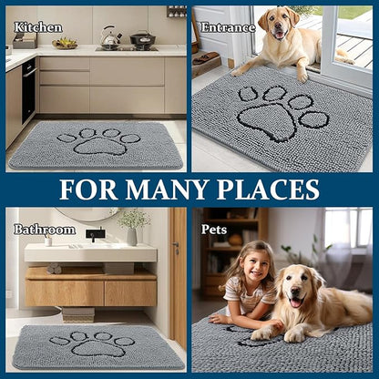 OLANLY Dog Door Mat for Muddy Paws 48x30, Paw Print Design, Absorbs Moisture and Dirt, Absorbent Non-Slip Washable Doormat, Quick Dry Chenille Mud Mat for Dogs, Entry Indoor Entryway Carpet, Grey