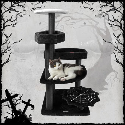 KAMABOKO Gothic Cat Tree, 46.9in Black Cat Tower with Coffin Bed, Cat Condo with Sisal Scratching Posts, Scratching Ramp and Comfort Basket for Indoor Cats