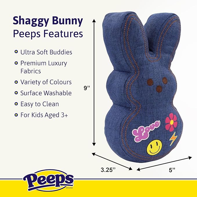 Animal Adventure | 9" Dark Blue Denim Shaggy Bunny Peeps Plush | Easter Basket Stuffed Animals for Kids | Marshmallow Candy | Huggable Soft Plushie Stuffers Buddy Toy | Collectable Gifts | Aged 3+