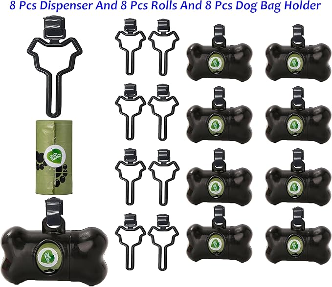 8 Pack Dog Poop Bag Dispenser Include 8 Rolls (120 Bags) Leak-Proof Doggie Pet Waste Bags & 8 Pack Poop Bag Holders(Black)