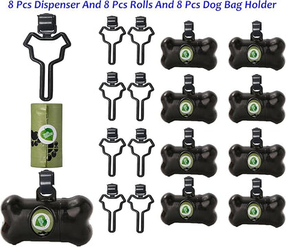 8 Pack Dog Poop Bag Dispenser Include 8 Rolls (120 Bags) Leak-Proof Doggie Pet Waste Bags & 8 Pack Poop Bag Holders(Black)