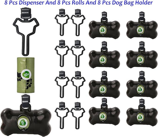 8 Pack Dog Poop Bag Dispenser Include 8 Rolls (120 Bags) Leak-Proof Doggie Pet Waste Bags & 8 Pack Poop Bag Holders(Black)