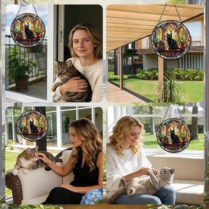 Stained Glass Window Hanging, 8 Inch Sun Catcher Cat and Book Theme Gift for Housewarming, Decorative Suncatchers Gifts for Wall Art Landscape Hanging Home Decor