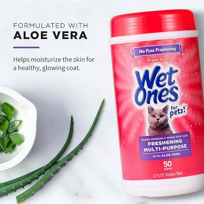 Wet Ones for Cats Freshening Wipes, Multi-Purpose Cat Grooming Wipes with Aloe Vera, Helps Remove Dirt, Odor, and Dander Between Baths, Fresh Scent, 50 Count - 12 Pack