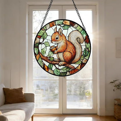 Stained Glass Window Hanging, Squirrel on a Branch Suncatcher Diamond Glass Panel Animal Sun Catchers Decor for Birthday for Women, Men, Wife, Aunt, and Mom 6.3 in