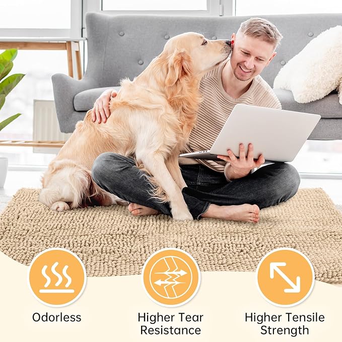 Absorbent Dog Door Mat for Muddy Paws, 72" x 24" Chenille Indoor Mats for Entryway, Trap Dirt Front Door Mat Indoor Entrance Washable Non Slip Soft Beige