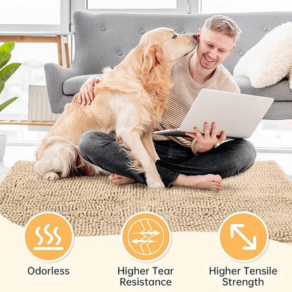 Absorbent Dog Door Mat for Muddy Paws, 120" x 36" Chenille Indoor Mats for Entryway, Trap Dirt Front Door Mat Indoor Entrance Washable Non Slip Soft Beige
