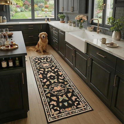 Unirea 2x6 Black Runner Rug, Washable Non Slip Insect Botanical Rug for Hallway, Kitchen, Bathroom, Laundry Room, Entryway, Bedroom, Soft Boho Door Mat Indoor Entrance Bug Rugs, Low Pile Carpet