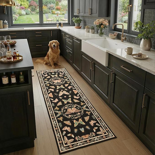 Unirea 2x6 Black Runner Rug, Washable Non Slip Insect Botanical Rug for Hallway, Kitchen, Bathroom, Laundry Room, Entryway, Bedroom, Soft Boho Door Mat Indoor Entrance Bug Rugs, Low Pile Carpet