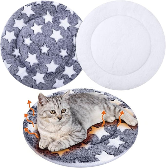 VitalCozy 2 Pack Self Heating Cat Pad Self Heating Cat Bed Machine Washable Heat Pet Mat Reversible Body Thermal Warm Round Dog Bed Crate Blanket for Feral and Indoor Cats(16'',Blue Large Star)