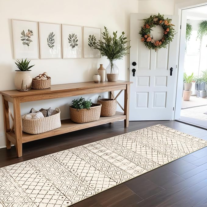 2'6"x8' Washable Hallway Runner Rug - Moroccan Kitchen Non Slip Rug Low Pile Floor Carpet with Rubber Backing Vintage Indoor Mats for Living Room Bedroom Laundry 2'6"x8' Geo Beige