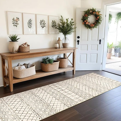 2'6"x8' Washable Hallway Runner Rug - Moroccan Kitchen Non Slip Rug Low Pile Floor Carpet with Rubber Backing Vintage Indoor Mats for Living Room Bedroom Laundry 2'6"x8' Geo Beige
