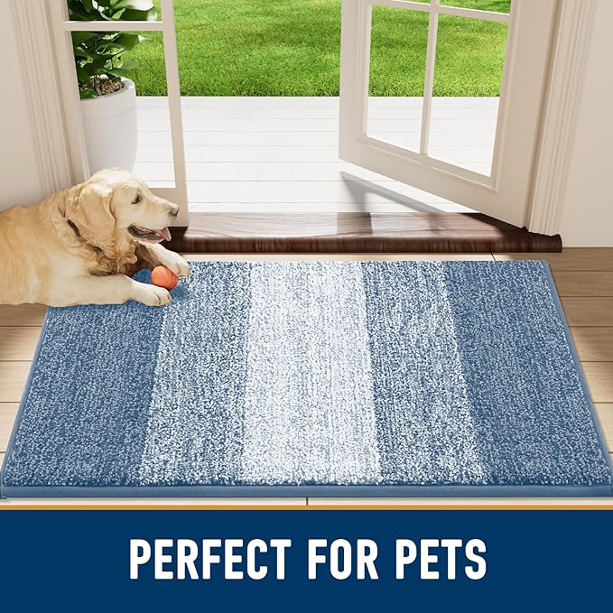 Smiry Dog Door Mat for Muddy Paws, Absorbs Moisture and Dirt, Low-Profile Entryway Mat with Non-Slip Backing, Entry Indoor Outdoor Doormat for Inside Floor (30x20 Inches, Light Blue, Striped)