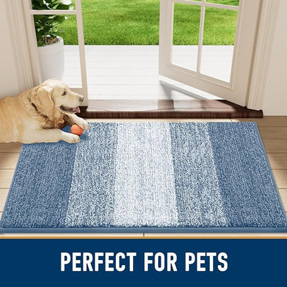 Smiry Dog Door Mat for Muddy Paws, Absorbs Moisture and Dirt, Low-Profile Entryway Mat with Non-Slip Backing, Entry Indoor Outdoor Doormat for Inside Floor (59x35 Inches, Light Blue, Striped)