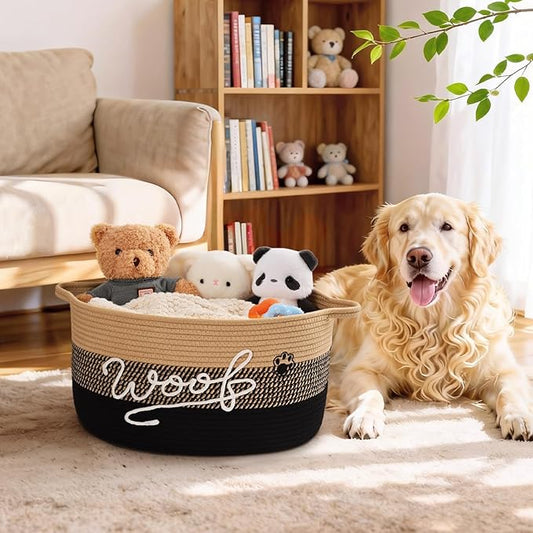 Woof Dog Toy Basket with Handles, Large Dog Toy Storage Bin with Paw Print, Woven Dog Basket for Blankets, Toys, Chews, Pet Toy Box for Nursery, Living Room, Bedroom, 17”x12”x9, Black
