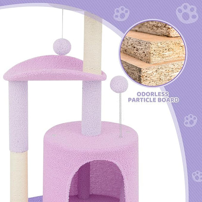 Magshion Flower Cat Tree for Indoor Cats, 33" Cute Cat Tower with Scratching Post, Condo, Top Flower Perch and Dangling Balls, Compact Cat Stand for Kittens, Purple