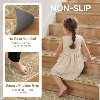 Non Slip Microfiber Stair Treads for Wooden Steps, 15PCS 8"x30" Indoor Safety Carpet, 3D Cut & Loop Tufted Edging Mats with TPE Adhesive Backing, Pet & Elderly Friendly Stair Rugs (Tan/White)