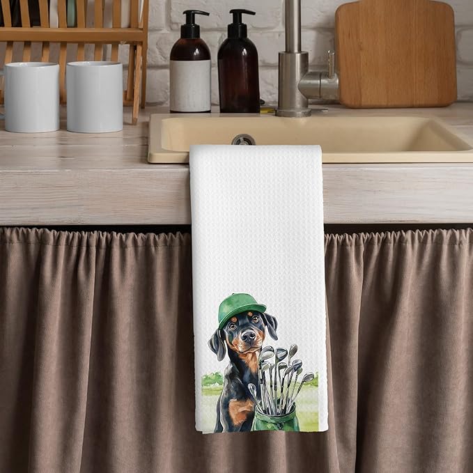 Golf Dog Kitchen Towels - Doberman Pinscher Dish Towels, Sports Gifts, Pet Golf Club Decorative Absorbent Dishcloths Hand Towels for Gym Spa Kitchen Decor 16x24 Inches