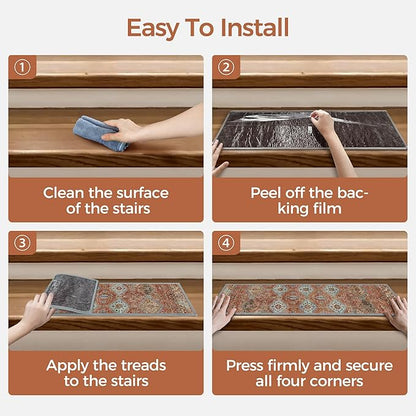 Non Slip Stair Treads for Wooden Steps 15PCS - 8"x30" Indoor Safety Carpet, Edging Mats with TPE Adhesive Backing, Pet and Elderly Friendly Stair Rugs (Rust)